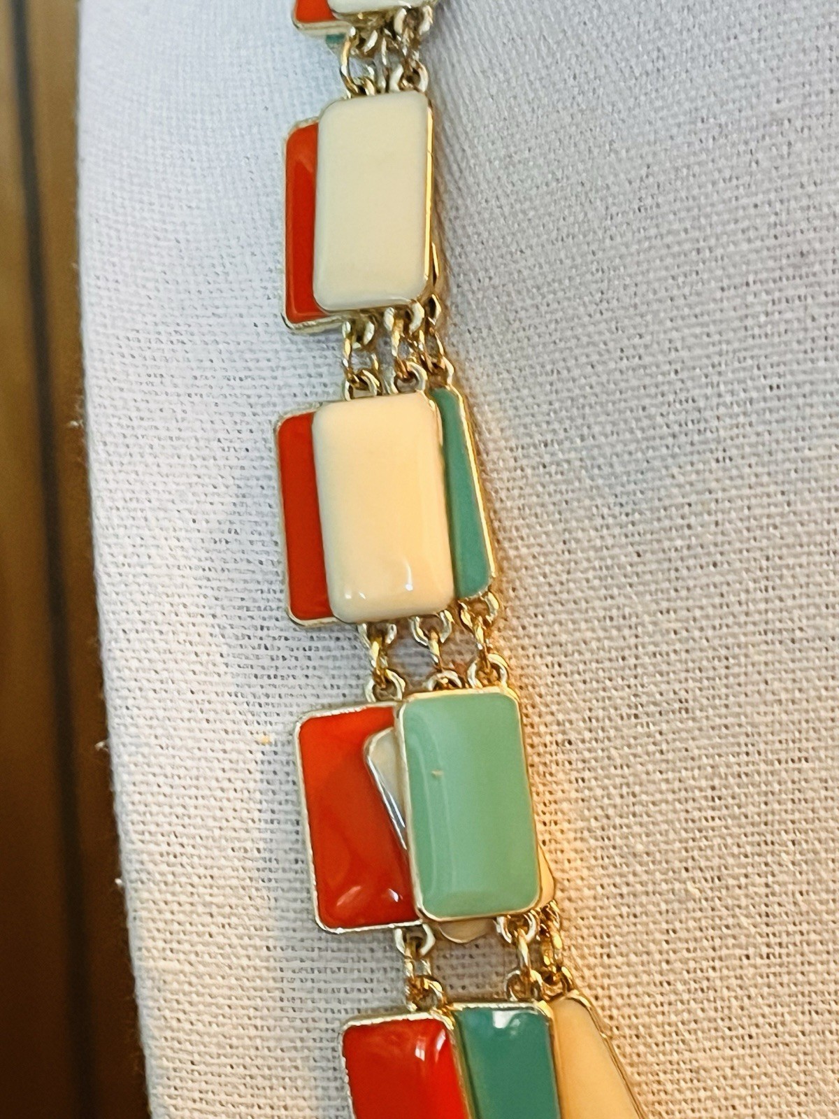 VTG Mod Geometric Enamel Panel Necklace Turquoise Coral Cream Gold Tone