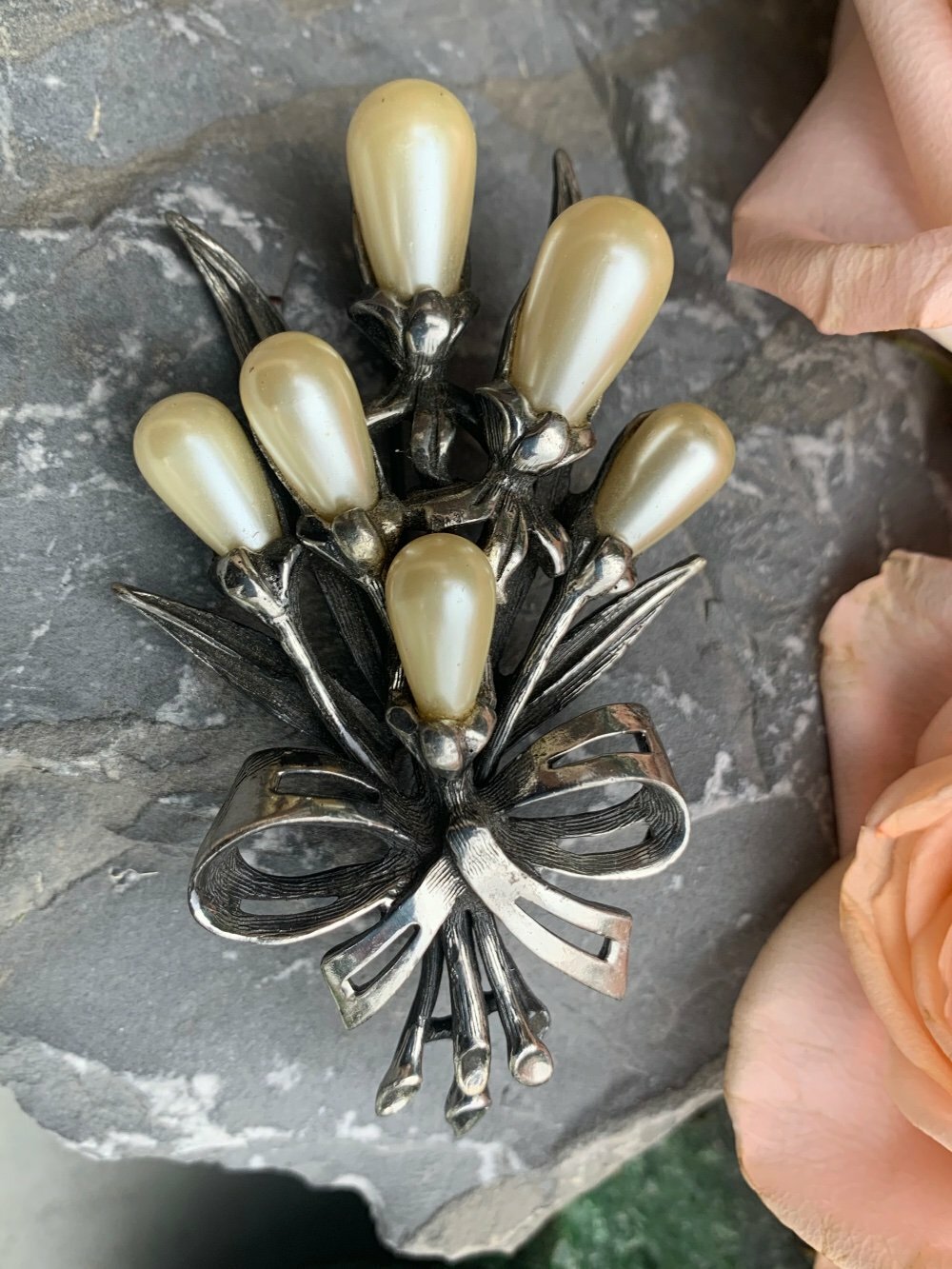 Vintage Signed Ravana Faux Pearl Floral Bouquet Designer MCM Mod Brooch / Pin
