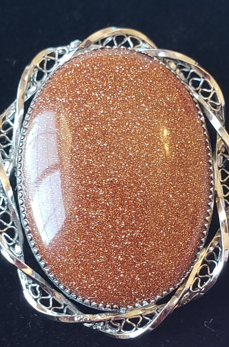 VTG Sorrento Goldstone Brooch & Pendent Silvertone Filagree Swril Ornate Pin