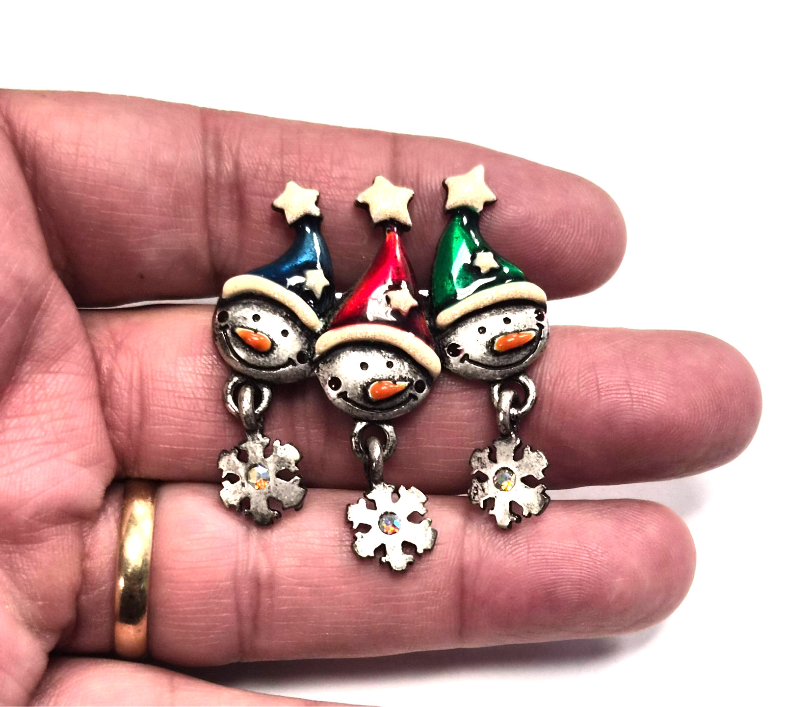 Vintage 90’s Signed AJMC Snowmen W/ Dangle Rhinestone Snowflakes Pin / Brooch