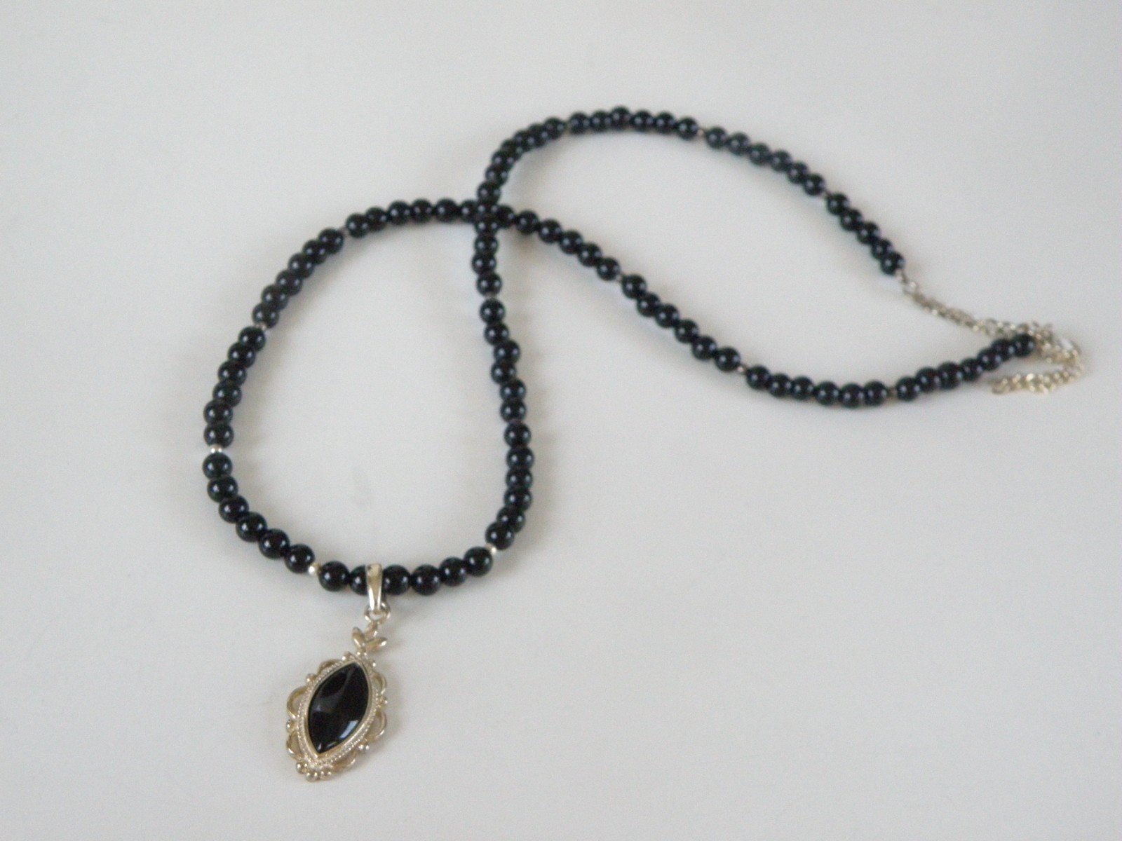 Vintage Sterling Silver 925 Black Onyx Station Bead Necklace