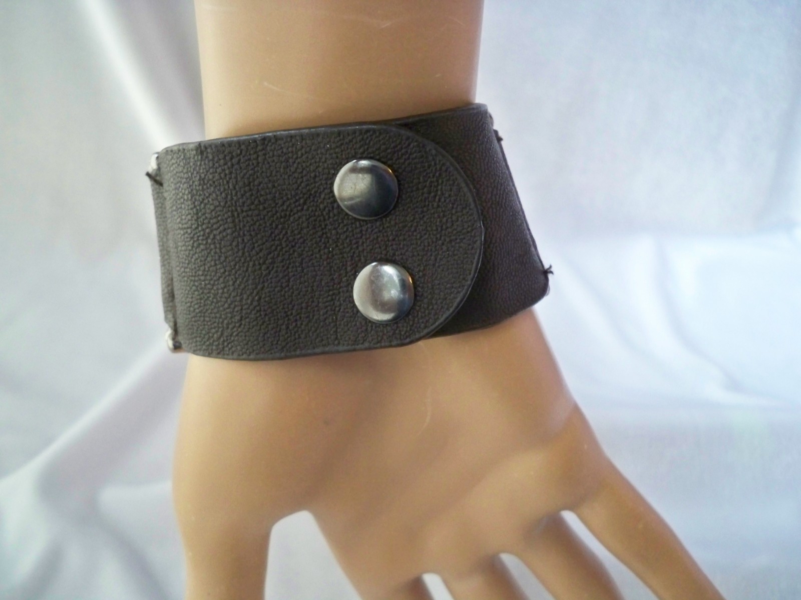 Wide 8 Row Pave Set Crystal Rhinestone & Black Faux Leather Snap Bracelet