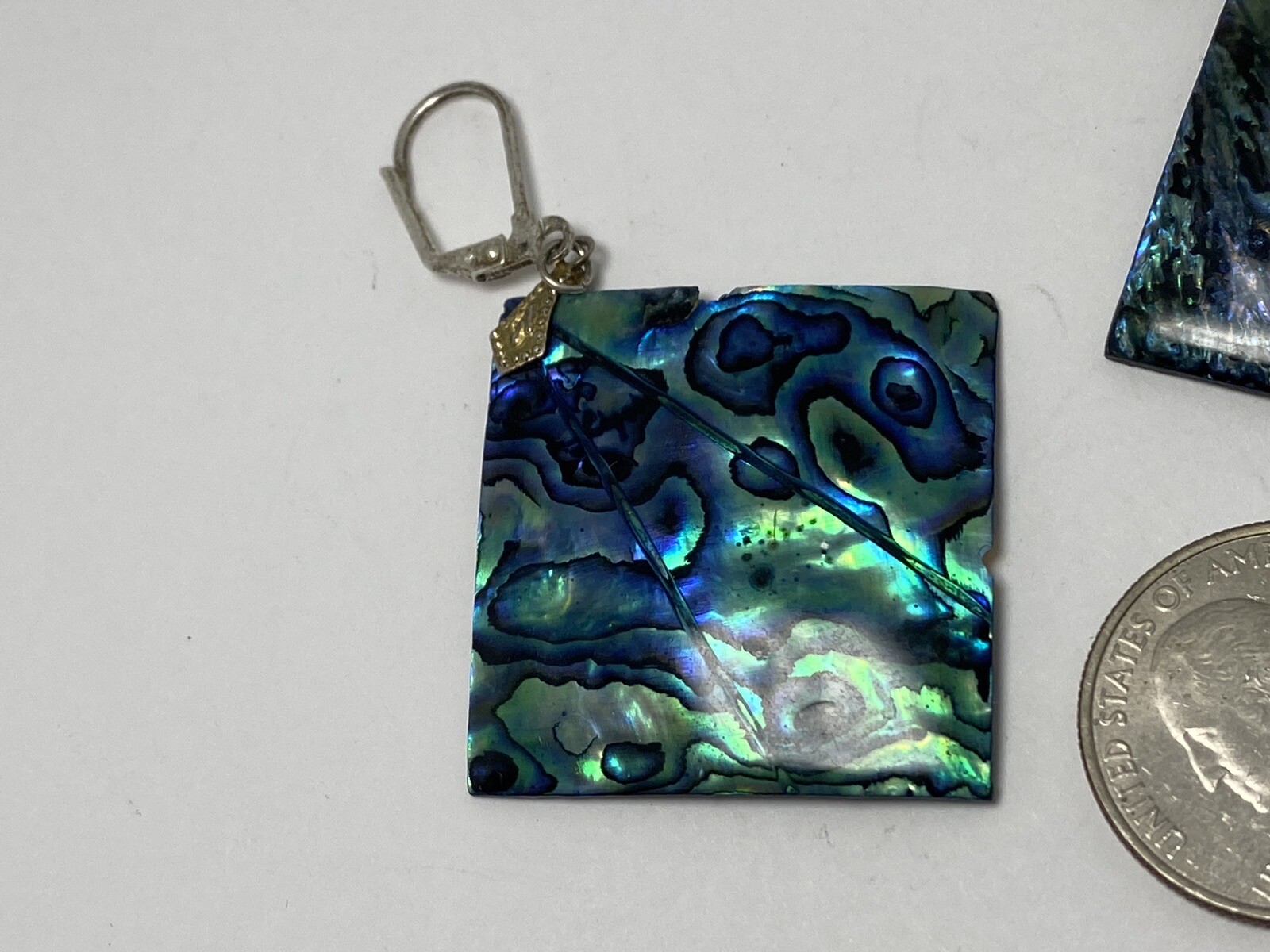 Vintage Large Iridescent Blue Green Abalone Shell Paua Square Dangle Earrings