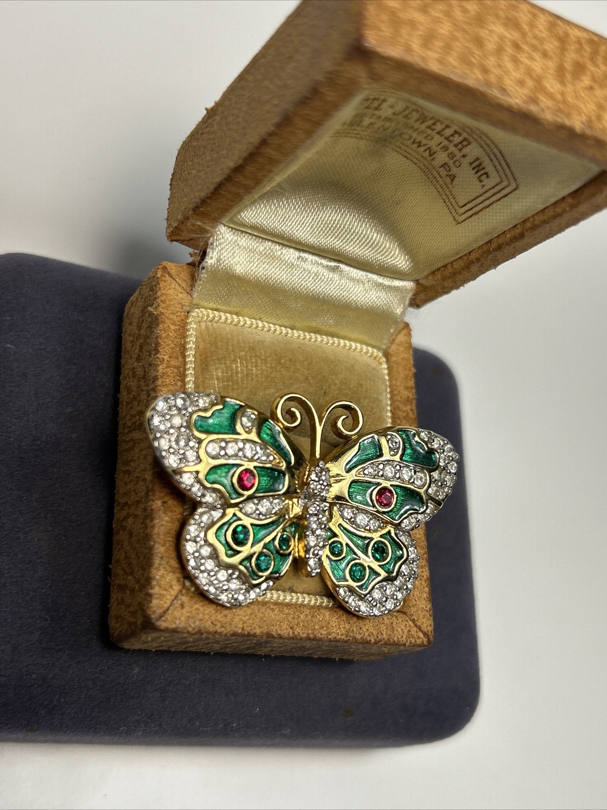 Swarovski Gold Tone Green & Red Enamel Clear Rhinestone Butterfly Brooch