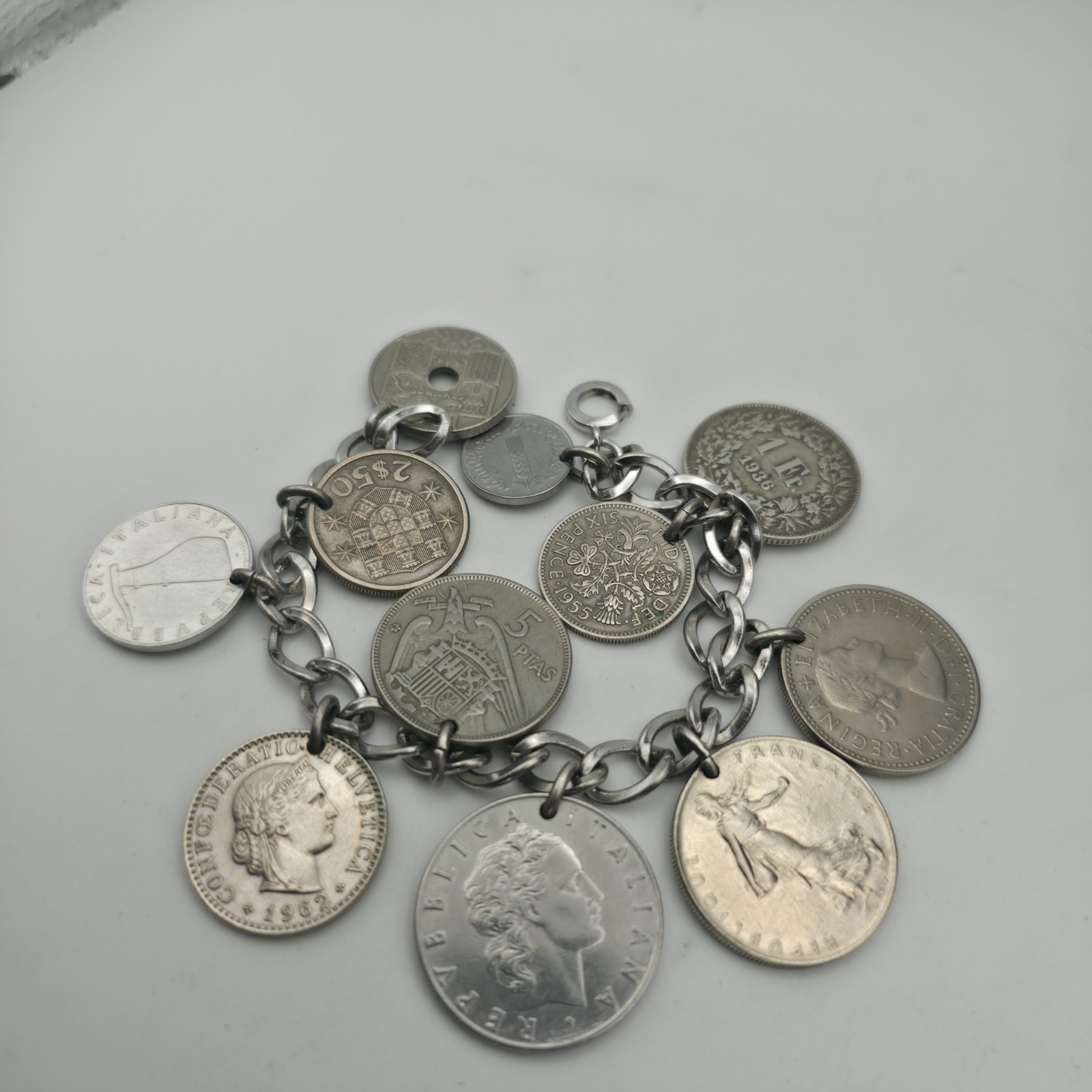 LeStage Sterling Silver Coin Charm Bracelet 58g Mid Century Estate Jewelry Euro