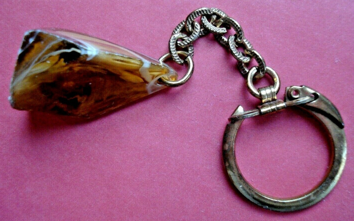Rare 1960 s Variegated Keychain Faux Resin Amber Uncut Stone Snap Ring WOW!