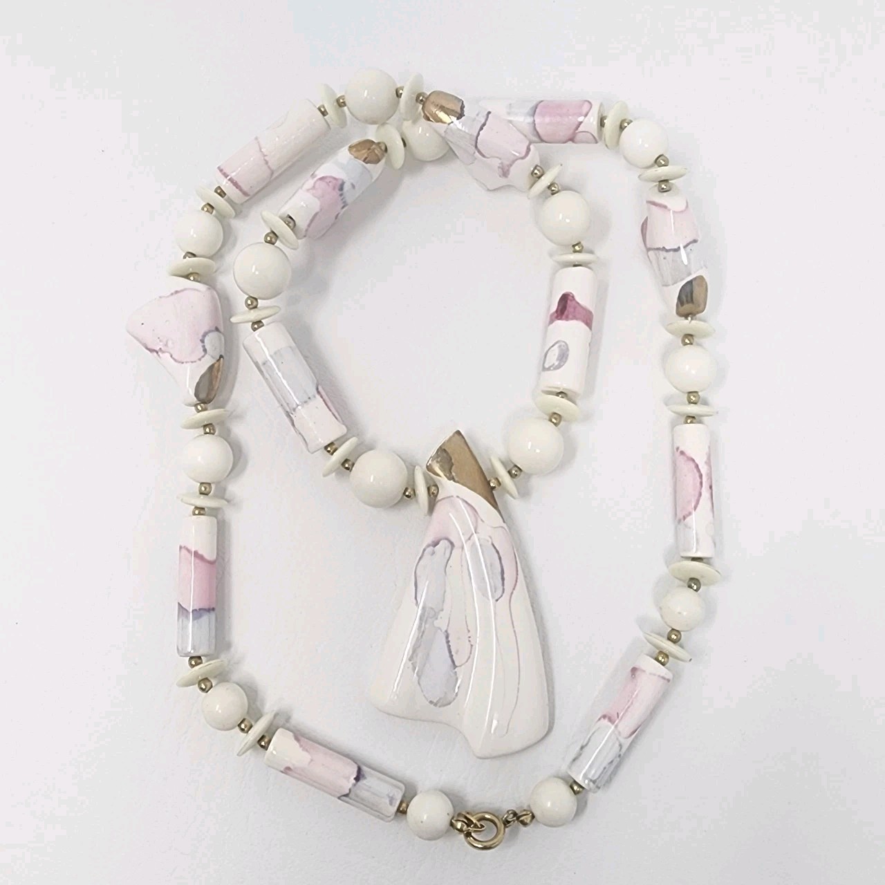 Vtg 80s Japan Hand Painted Pink Watercolor Ceramic Necklace Chunky Statement 30″