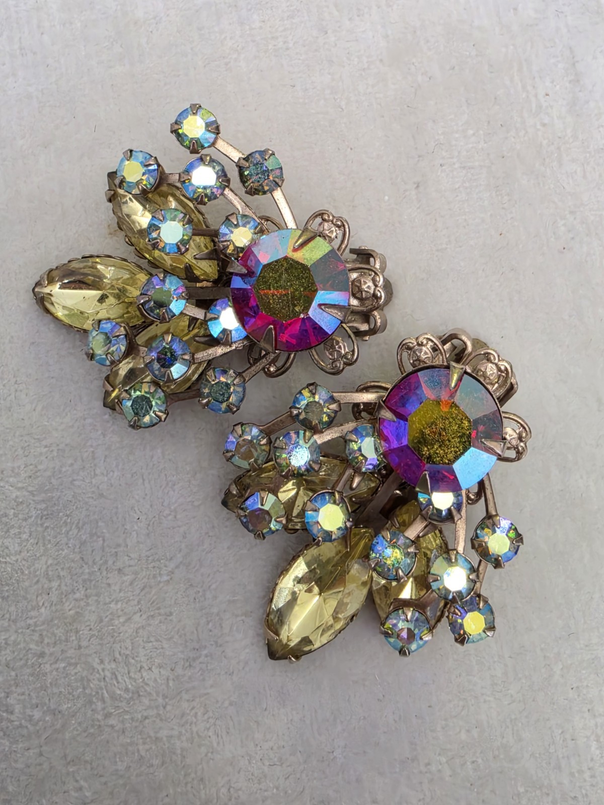 Vintage Multicolor AB Rhinestone Red Yellow Navette Floral Spray Clip Earrings