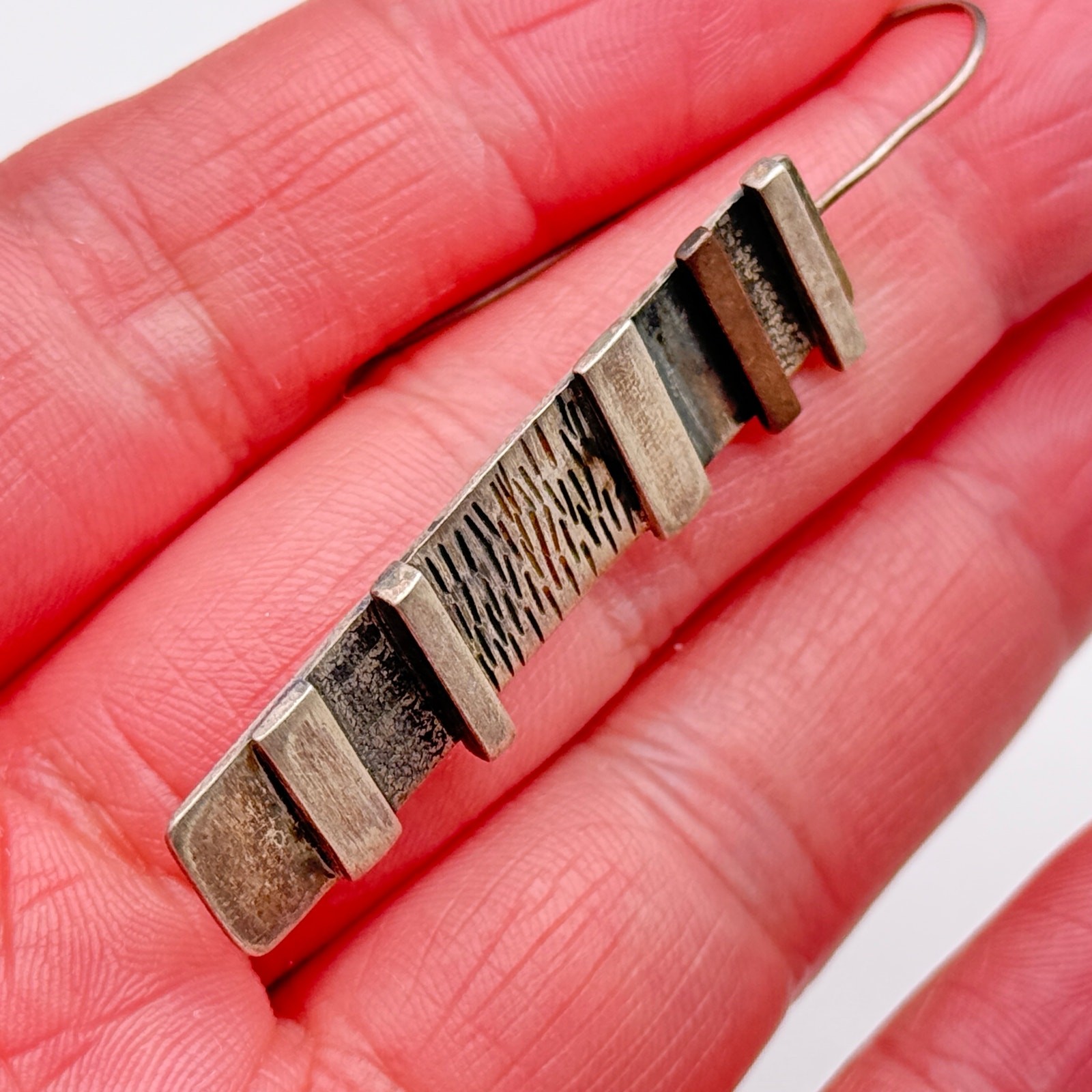 Vintage Modernist Mixed Metal Bar textured Sterling Silver Dangle Earrings
