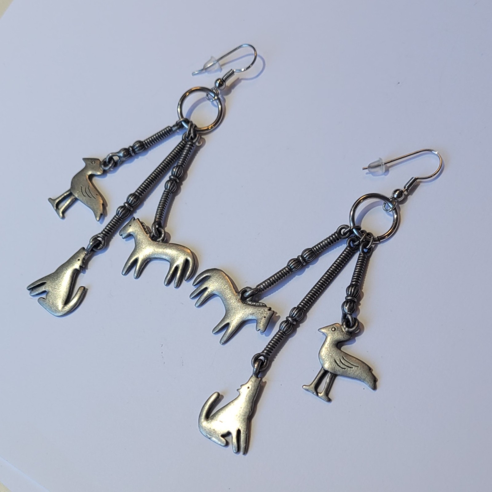 Southwestern Pewter Dangle Earrings Roadrunner Horse Coyote Or Wolf Vintage
