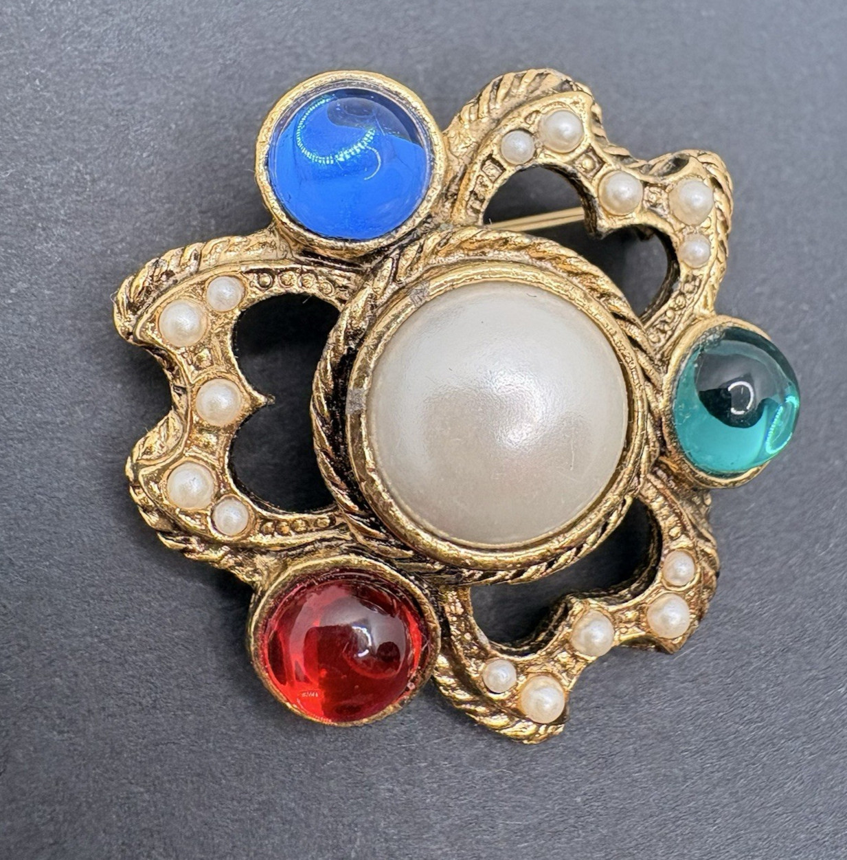 Vintage Faux Pearl Multicolor Jewel Tones Cabochon Open Work Gold Tone Brooch