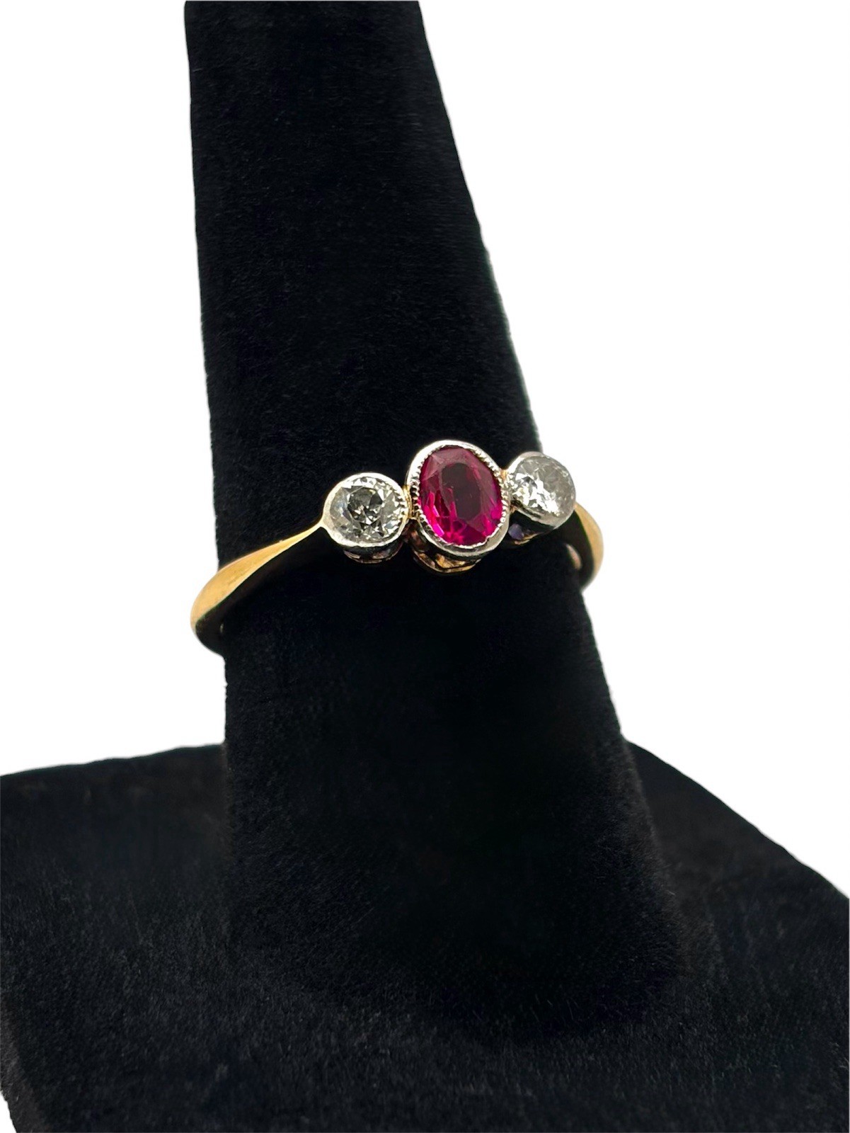Antique Edwardian 18K Gold 3 Stone Ruby & Old European Cut Diamond Ring Size 6.5