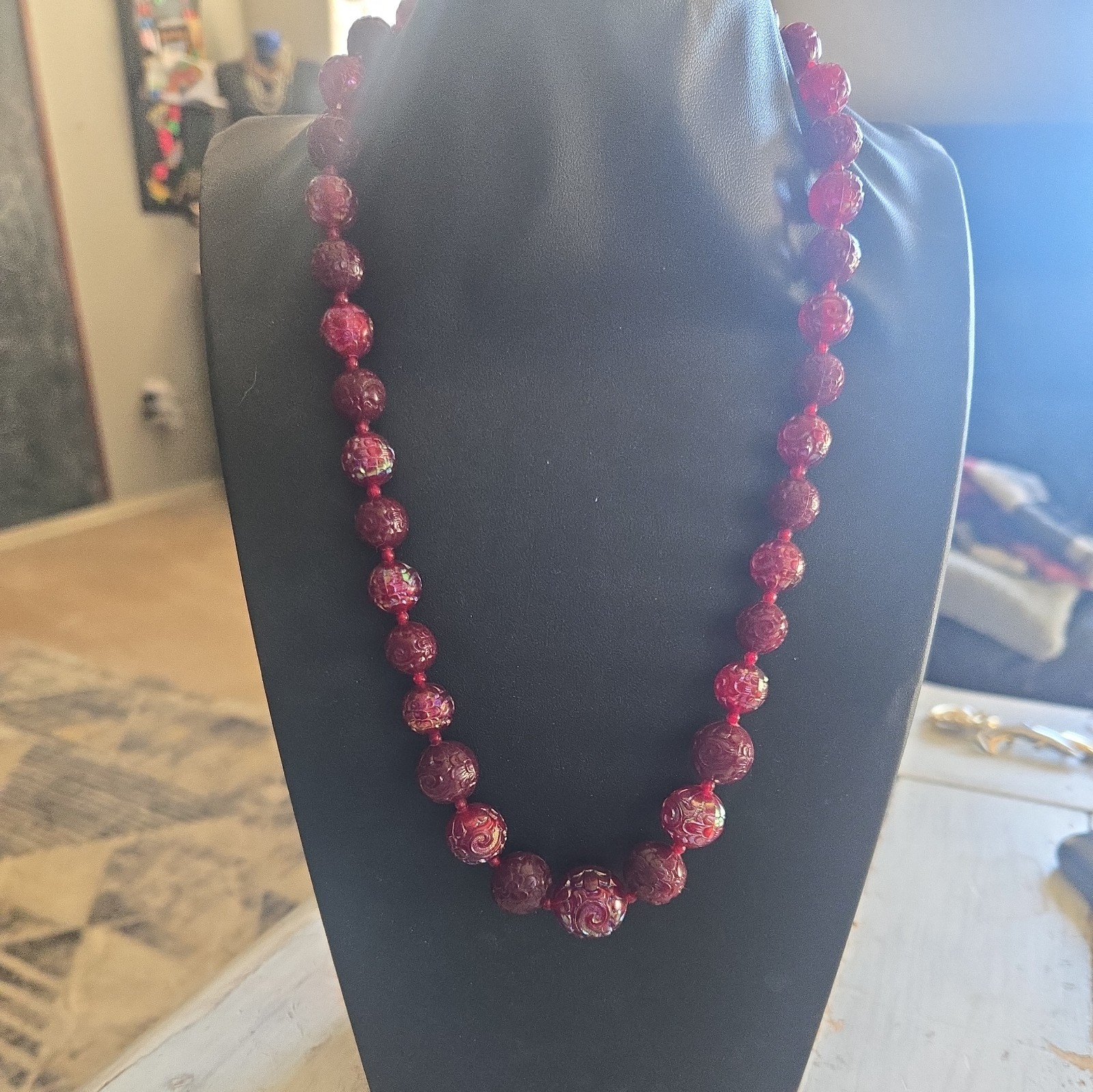 Vintage Austria Signed Red Iridescent Lucite or Resin Beaded 22″ Necklace