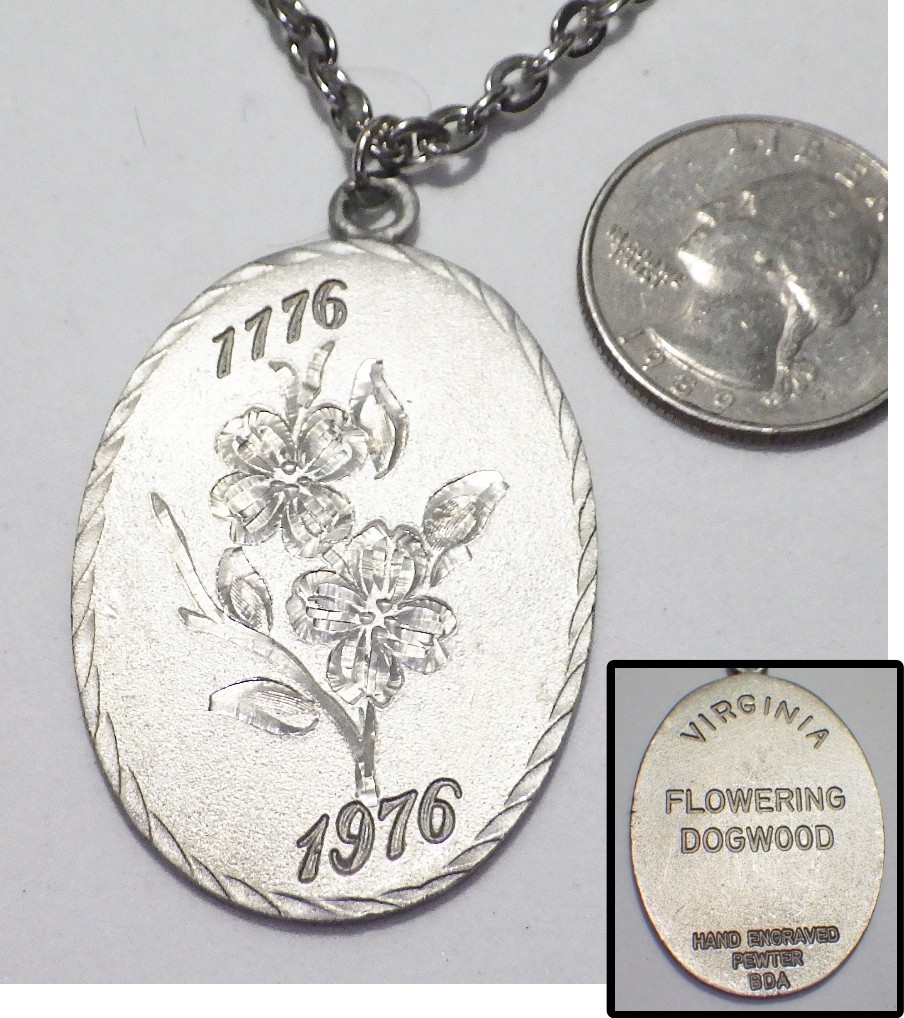 Vtg Signed BDA Virginia Flowering Dogwood Bicentennial Pewter Pendant Necklace