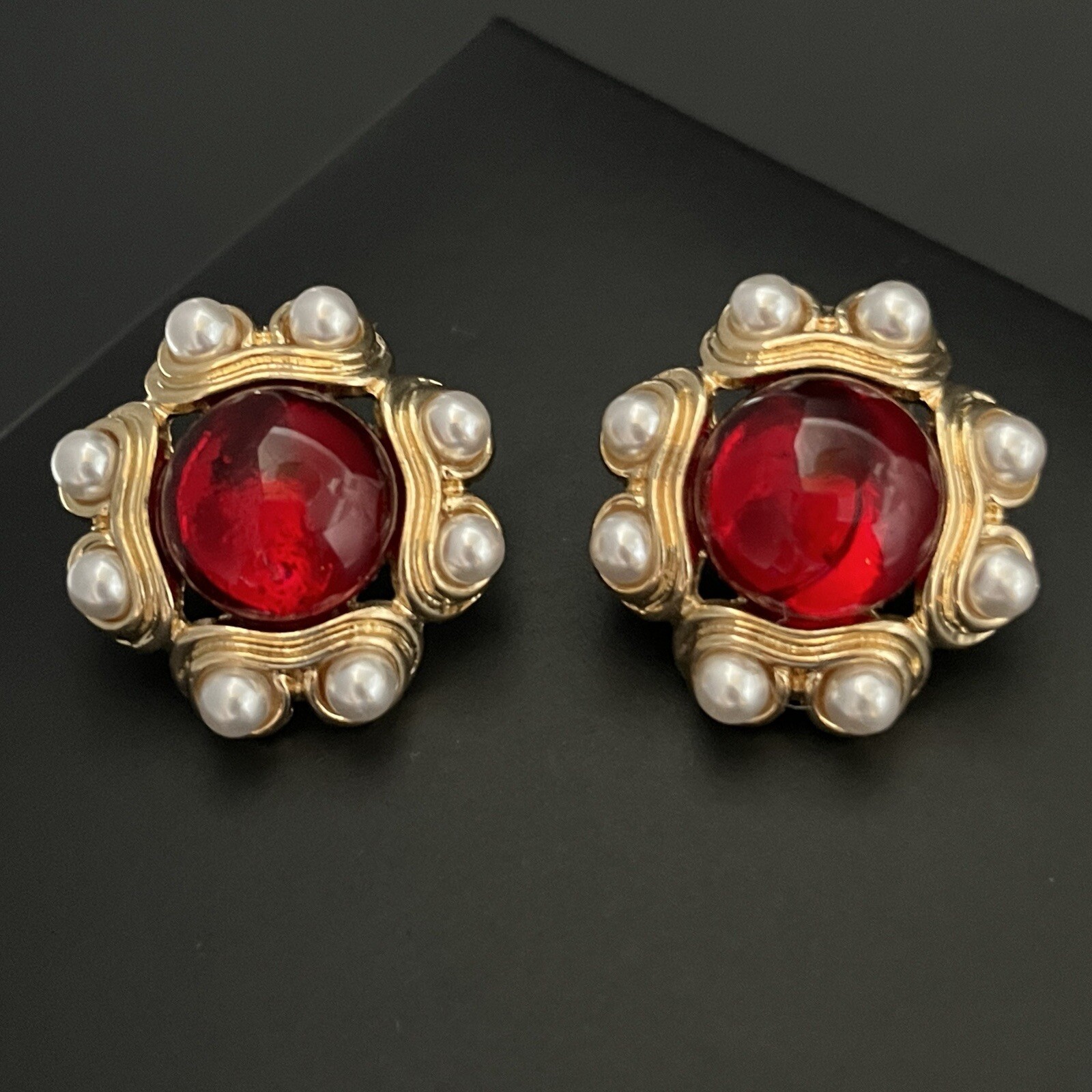 Etruscan Gripoix Style Earrings Gold Red Cabochon Faux Pearl Pierced Byzantine