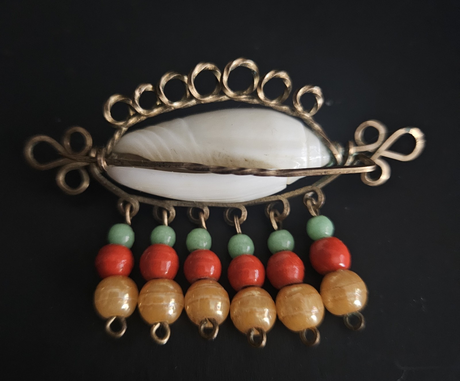 Antiique Shell Brooch Pin Wire Wrapped Glass Beaded Dangles Circa 1920