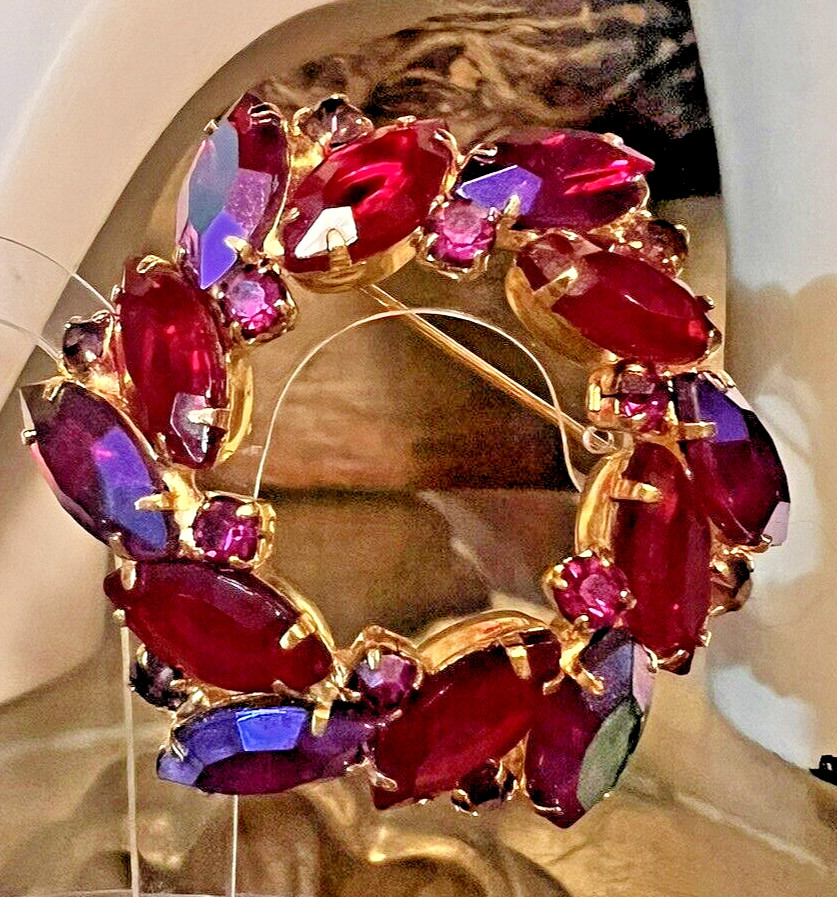 VTG D&E Juliana Brooch Siam Red A B Marquise Purple Fuchsia Open Back Rhinestone
