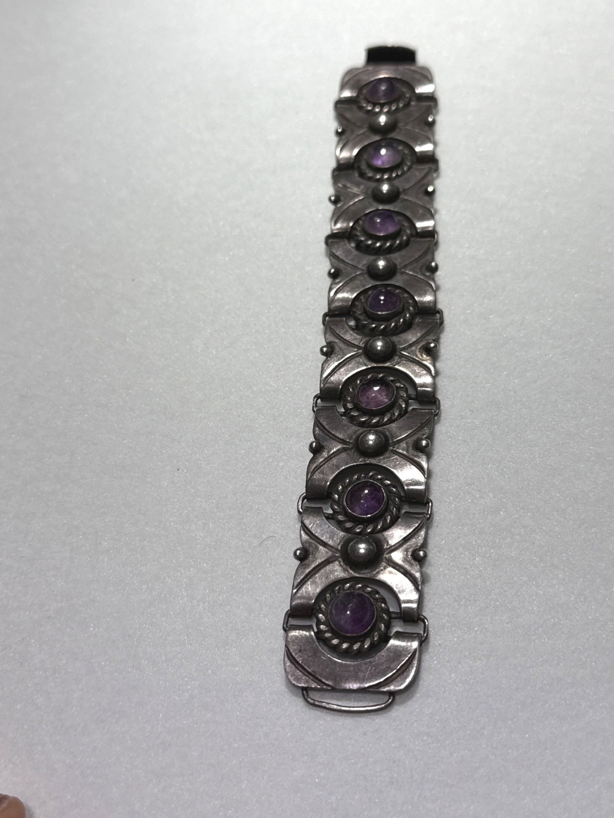 Vintage Taxco Mexico 980 Silver Amethyst Link Bracelet Heavy Mid Century Moderni