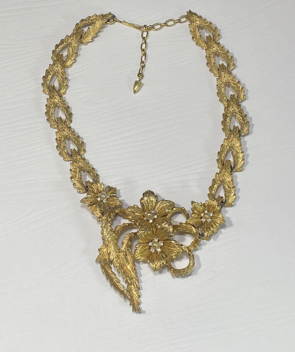 Antique Gold Plate Necklace Floral Leaf Rhinestone & Pearl Designer Signed