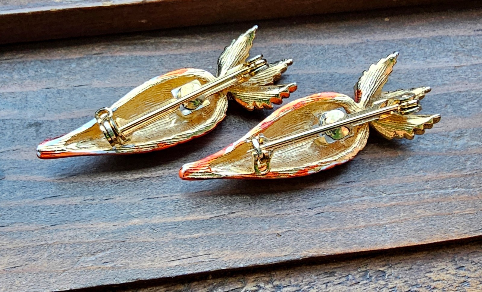 2 Unsigned Original by Robert Gold Orange Enamel Carrot Scatter Pins Brooch Set