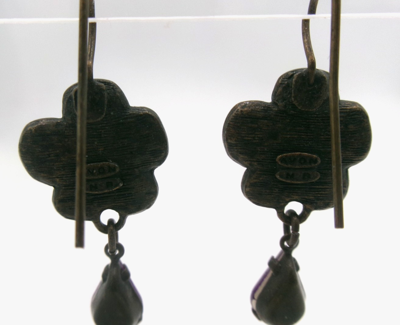 Vintage Avon Bronze Tone Flower Purple Gem Teardrop Dangle Hook Pierced Earrings