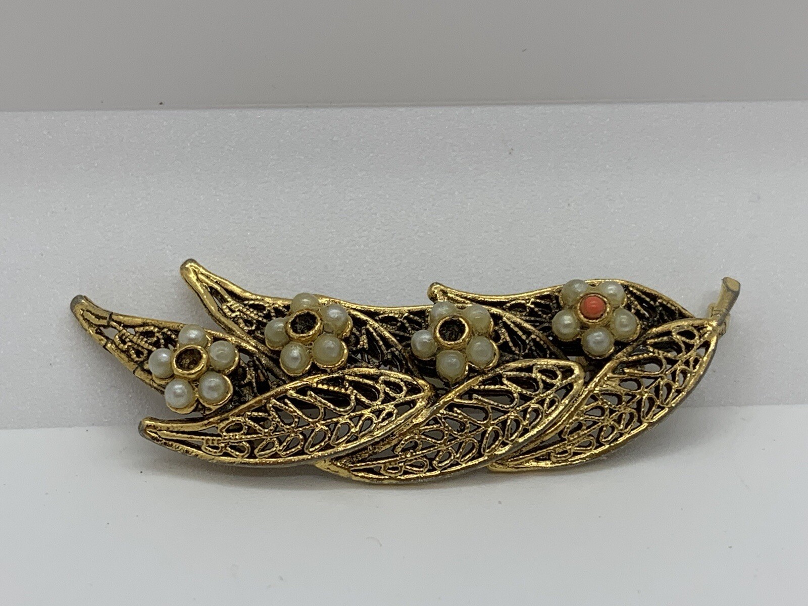 Vintage Tacoa Brooch Pin Gold Tone Filigree Seed Pearl Leaf Floral Costume READ