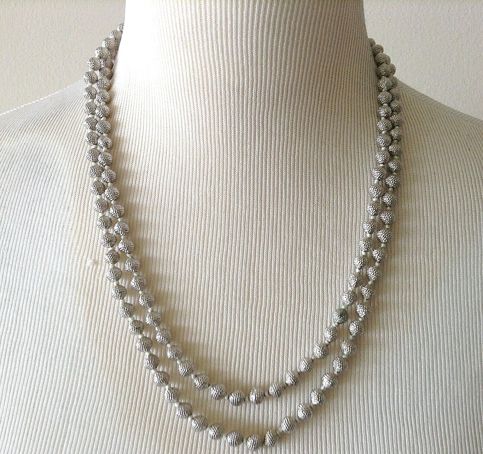 Sterling Silver 6mm Textured Bead Necklace 44″ L Hand Knotted No Clasp 157.29g