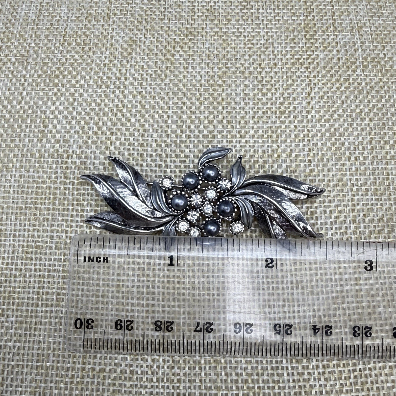 Vintage Faux Gray Pearl and Clear Rhinestone Floral Spray Brooch Pin