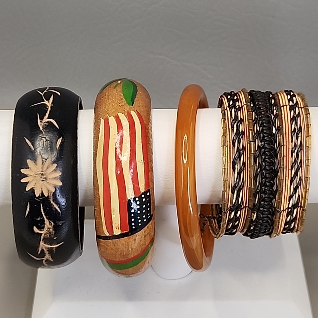 Vintage Bangle Bracelet Lot of 4 Wood Carved Hand Painted Earth Tones Wired