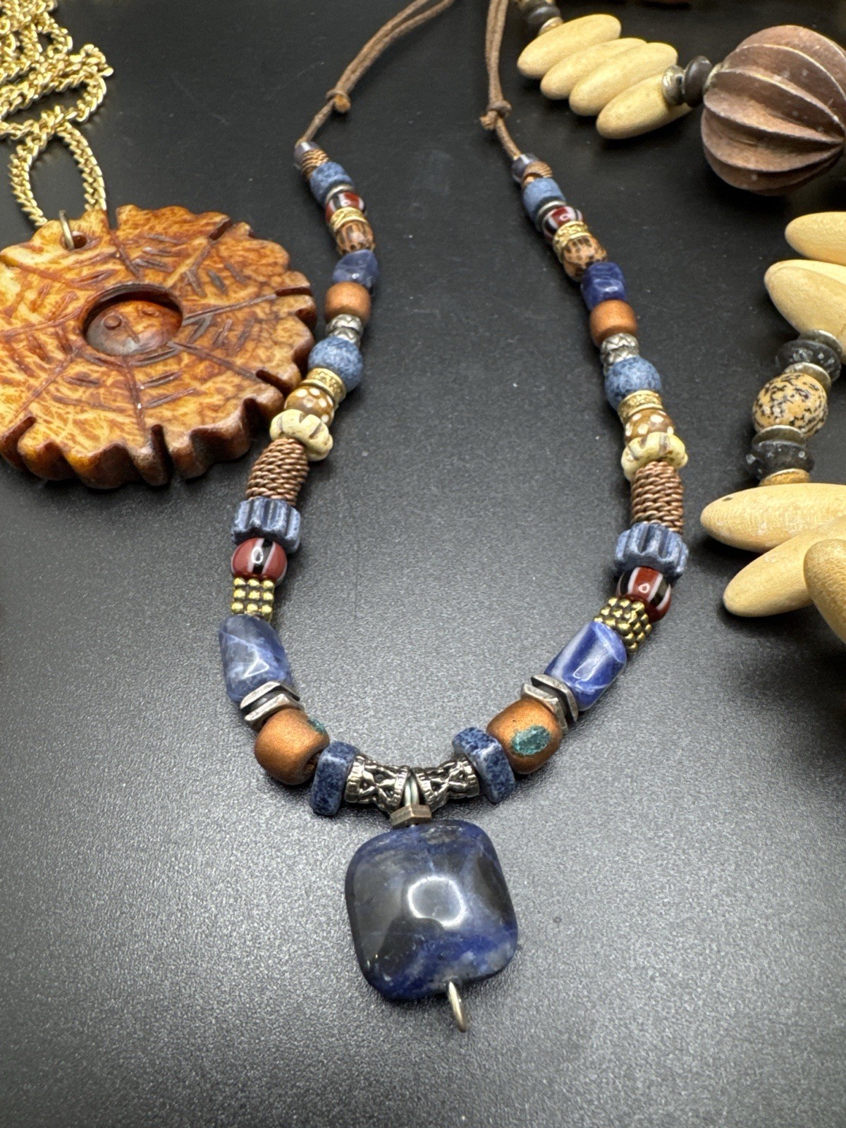 Vintage Boho Wood Bead Necklace Lot Artisan Tribal Earth Tone Jewelry