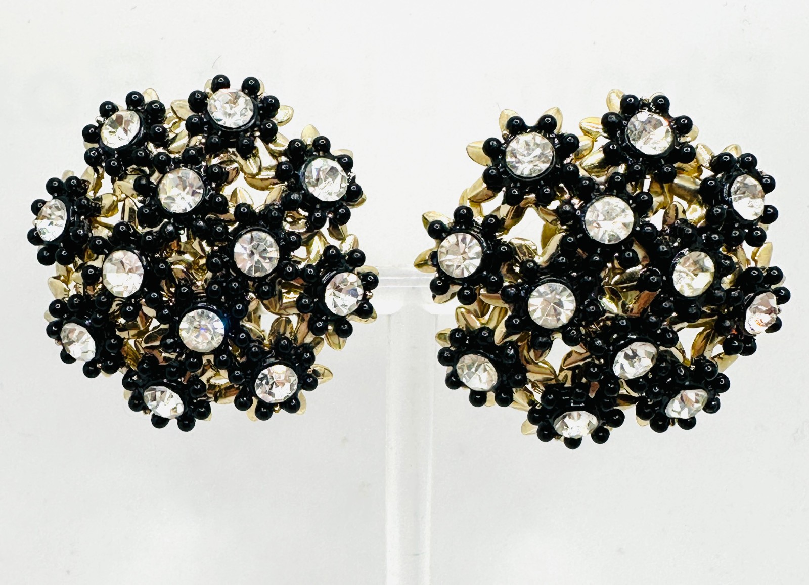 Lot 2 Vtg Chunky Black & Gold Tone Rhinestone Clip Earrings Swedged, Leather 80s