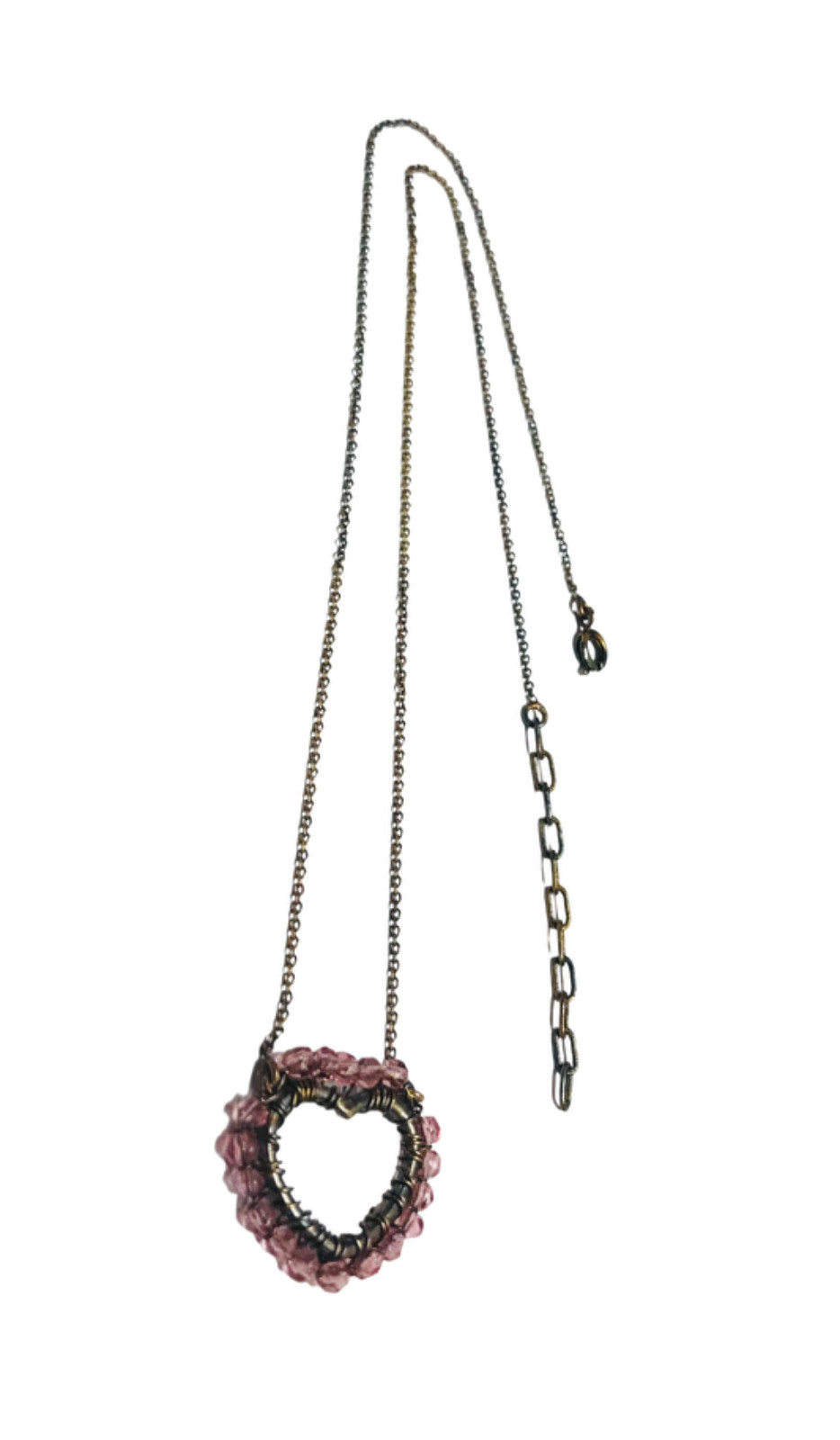 Vintage Antique Gold Tone Wire Wrapped Pink Beads Heart Pendant Necklace 19.5”