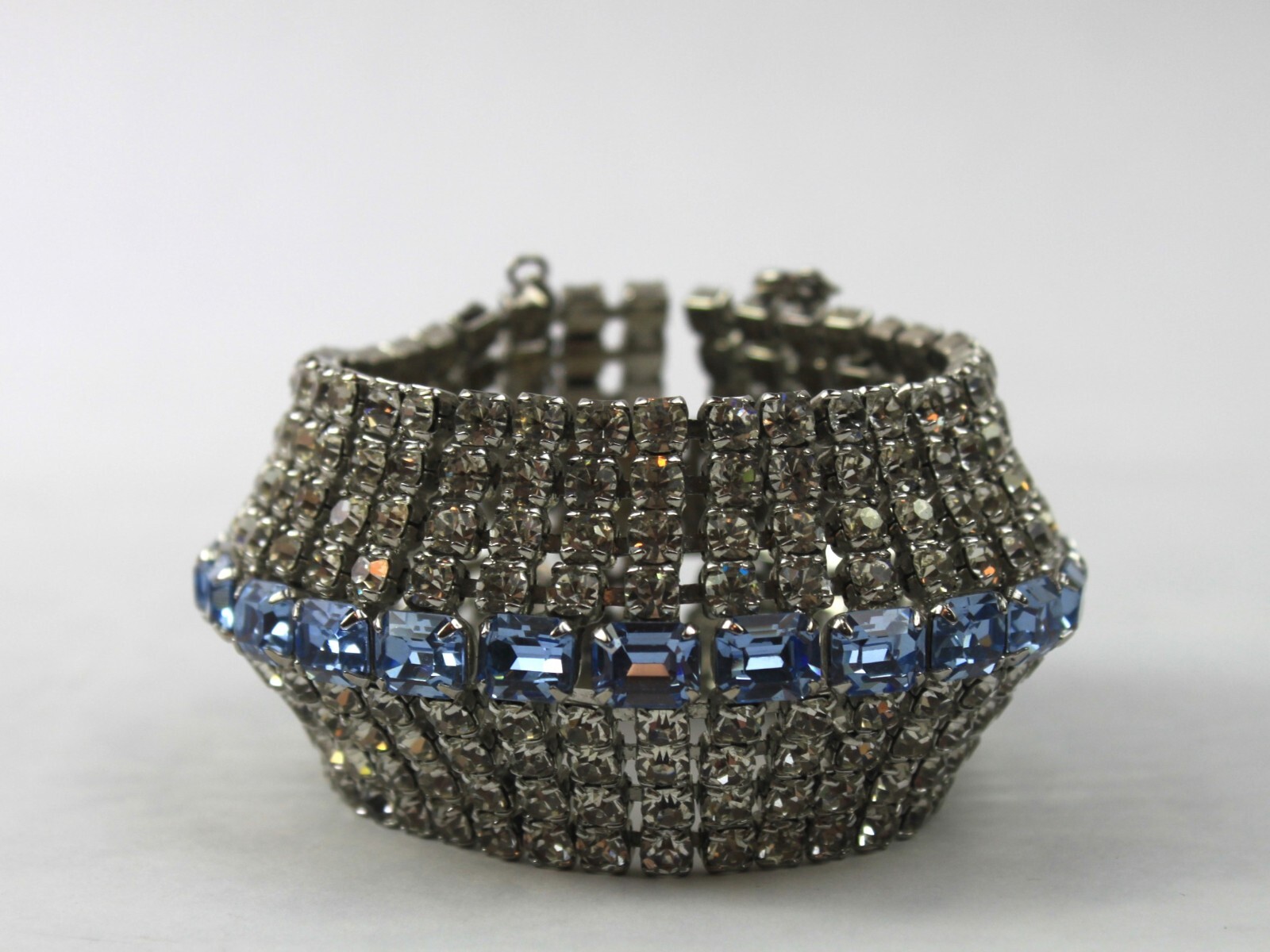 Rhinestone Bracelet Cuff Nine Row Emerald and Round Cut Rhodium Plate