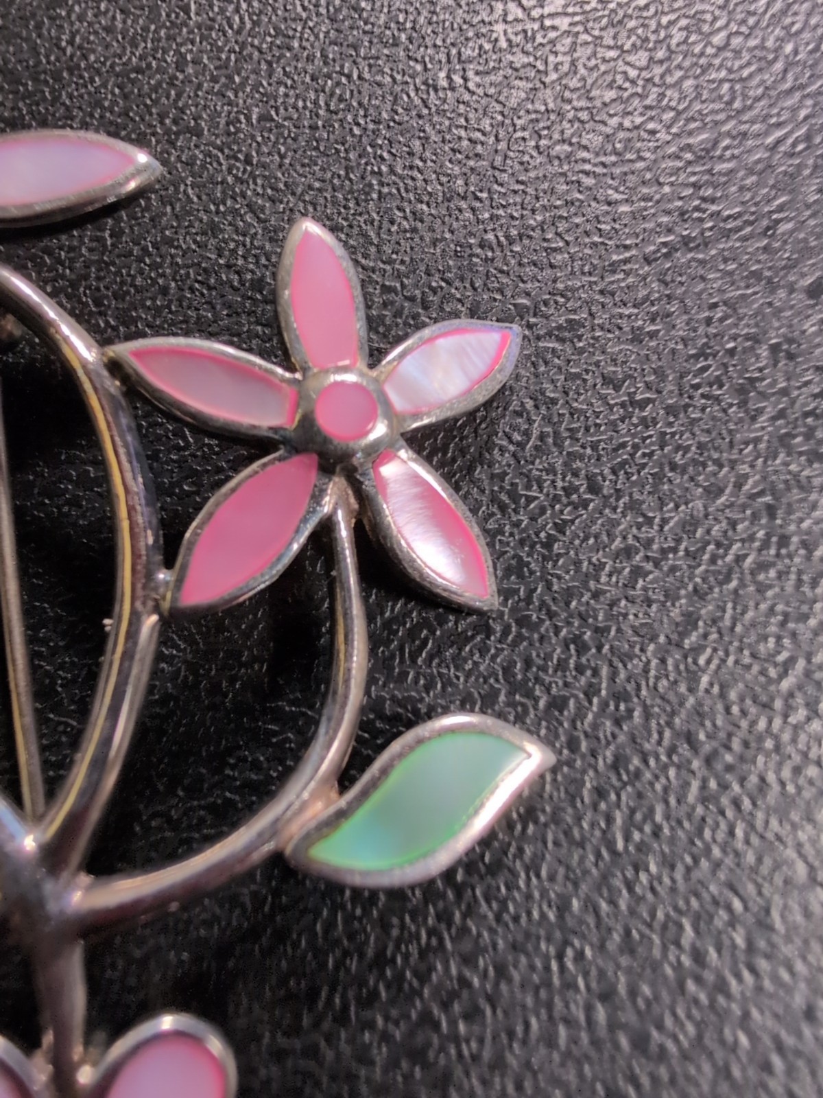 Pink and Green Flowers Sterling Pendant Brooch Spring – 2.5″ – 9.1 g – signed