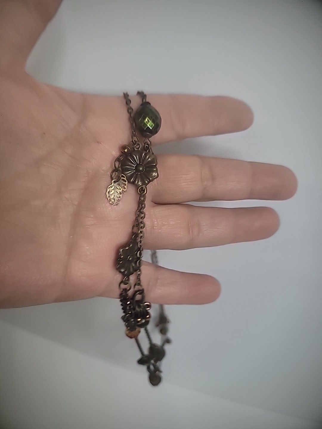 Vintage Bronze Tone Necklace Flowers Beads Leaves Flapper Jewelry Costume