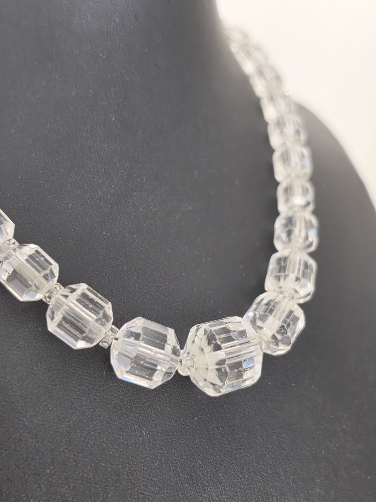 Vintage Clear Faceted Crystal Glass Cube Cut Bead Necklace Art Deco Style 15”
