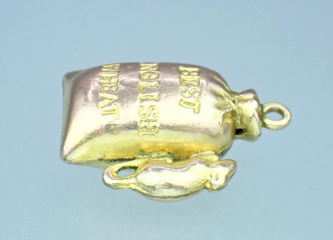 Fun! Antique Victorian Solid 9K Rose Gold Mouse Sack Of Wheat 3D Charm Pendant
