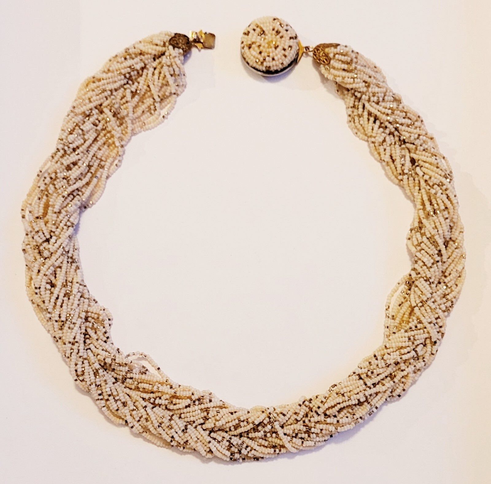 Beautiful Vintage Multi-strand Ivory and Gold Seed Bead Necklace