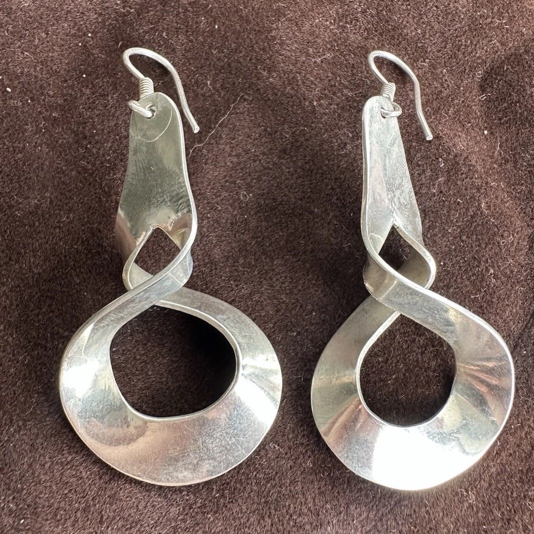 Vintage MEX CD 925 Sterling Silver Twist Dangle Earrings Modernist Taxco Style