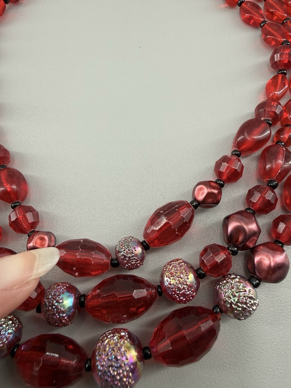 Vintage West Germany Ruby Red Glass Bead 3 Strand Necklace Art Glass Accent