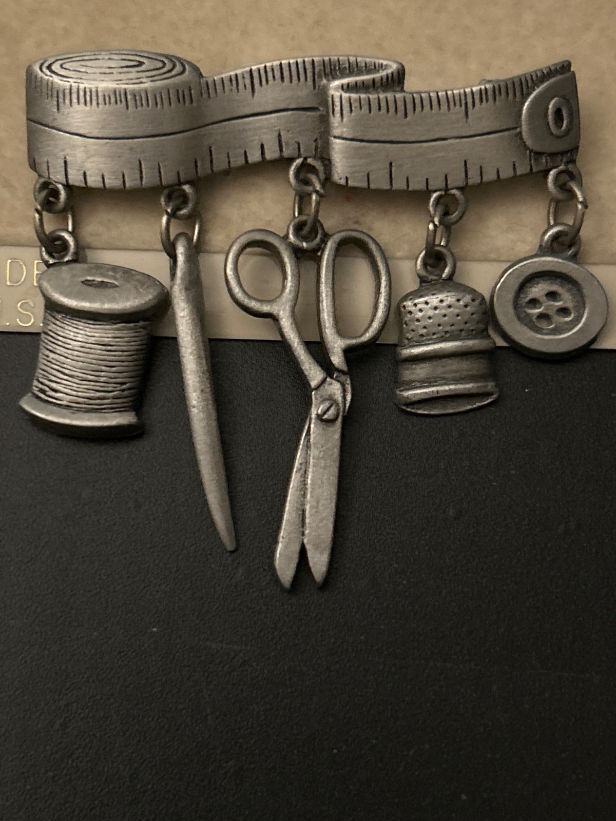 Verducci Sewing Jonette Pewter Brooch Seamstress Scissors Measuring Tape