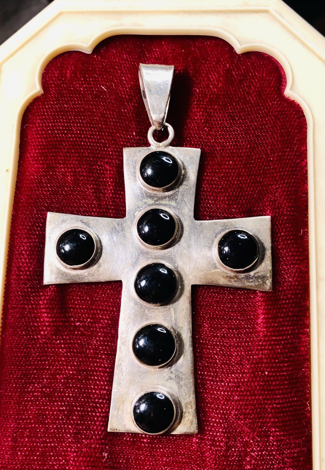 Sterling Cross.. Black Cabochons. 3.25” With Bail