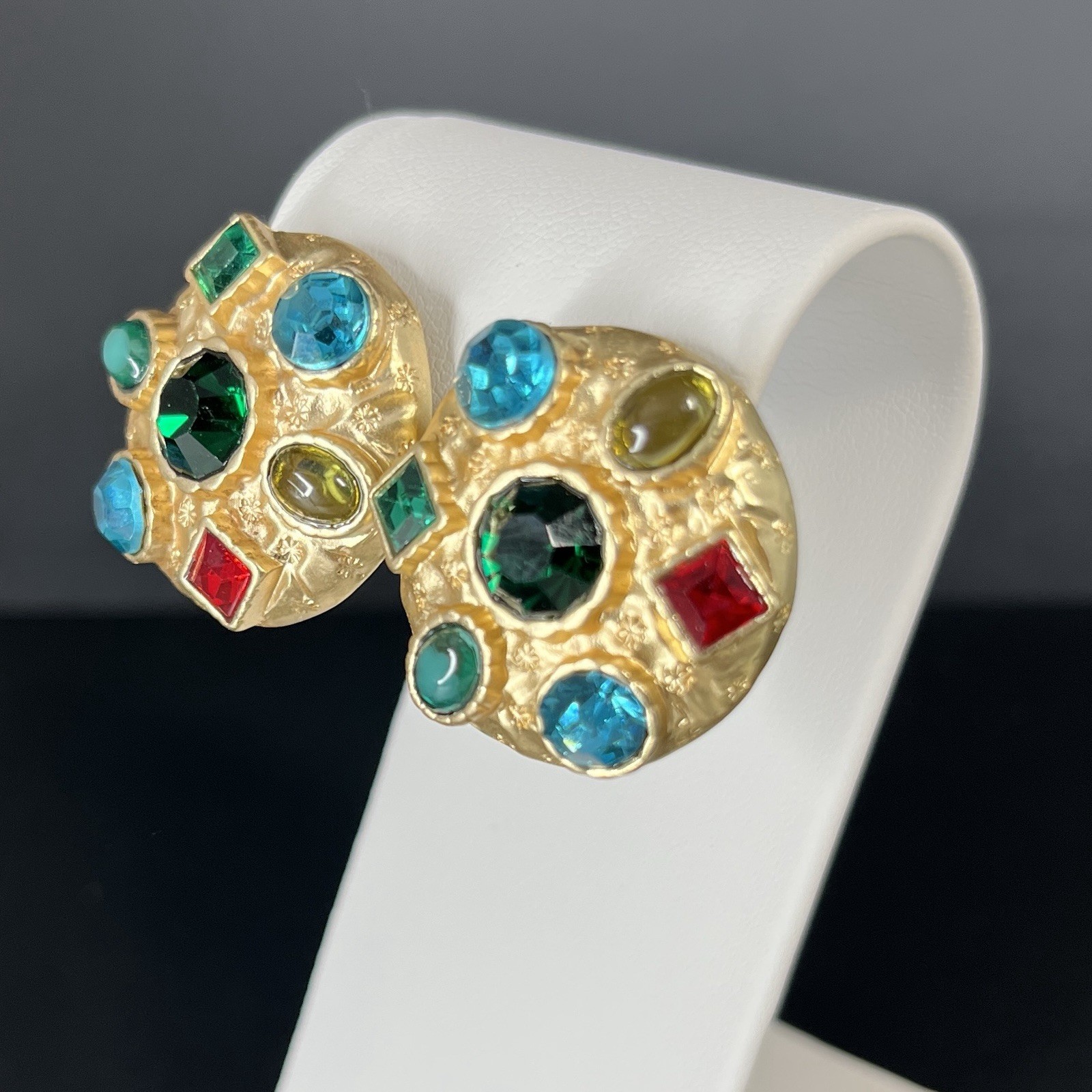 Byzantine Matte Gold Tone Earrings Round Rhinestone Gripoix Style Multicolor