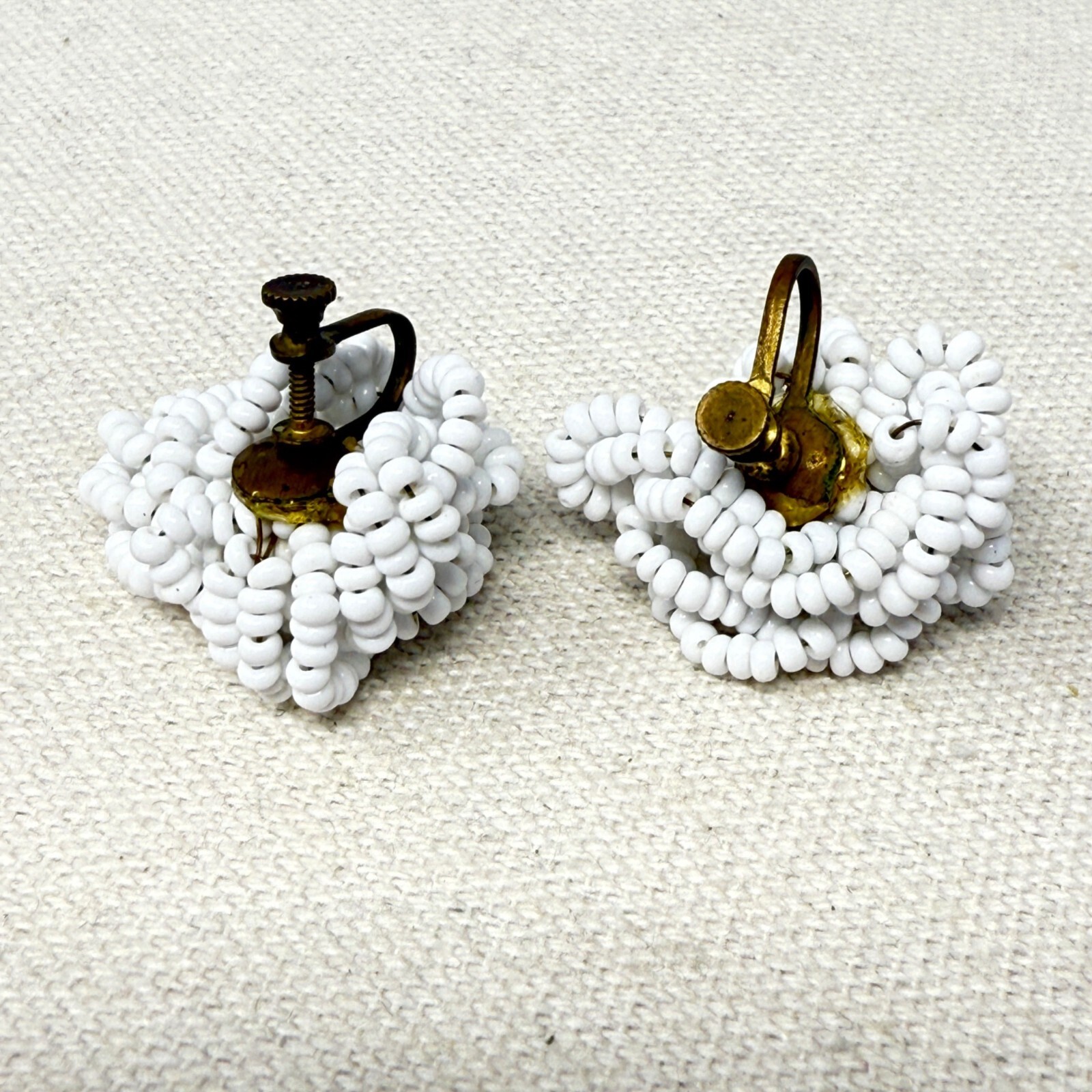 White Seed Bead Knot Earrings Vintage Screw Back Classic Retro
