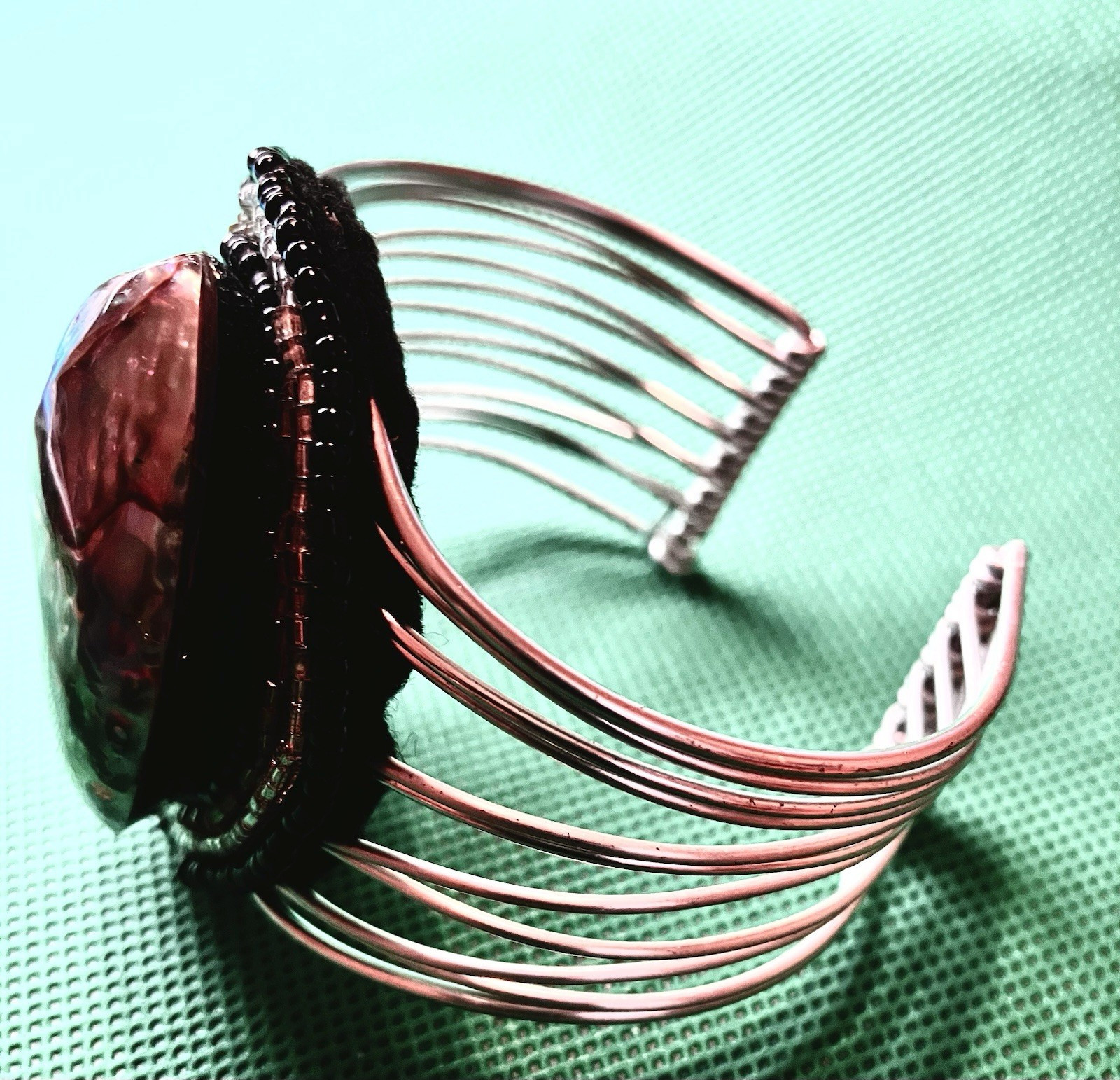 Vintage Showy Large Abalone Shell & Seed Beads Clamper Cuff Bracelet