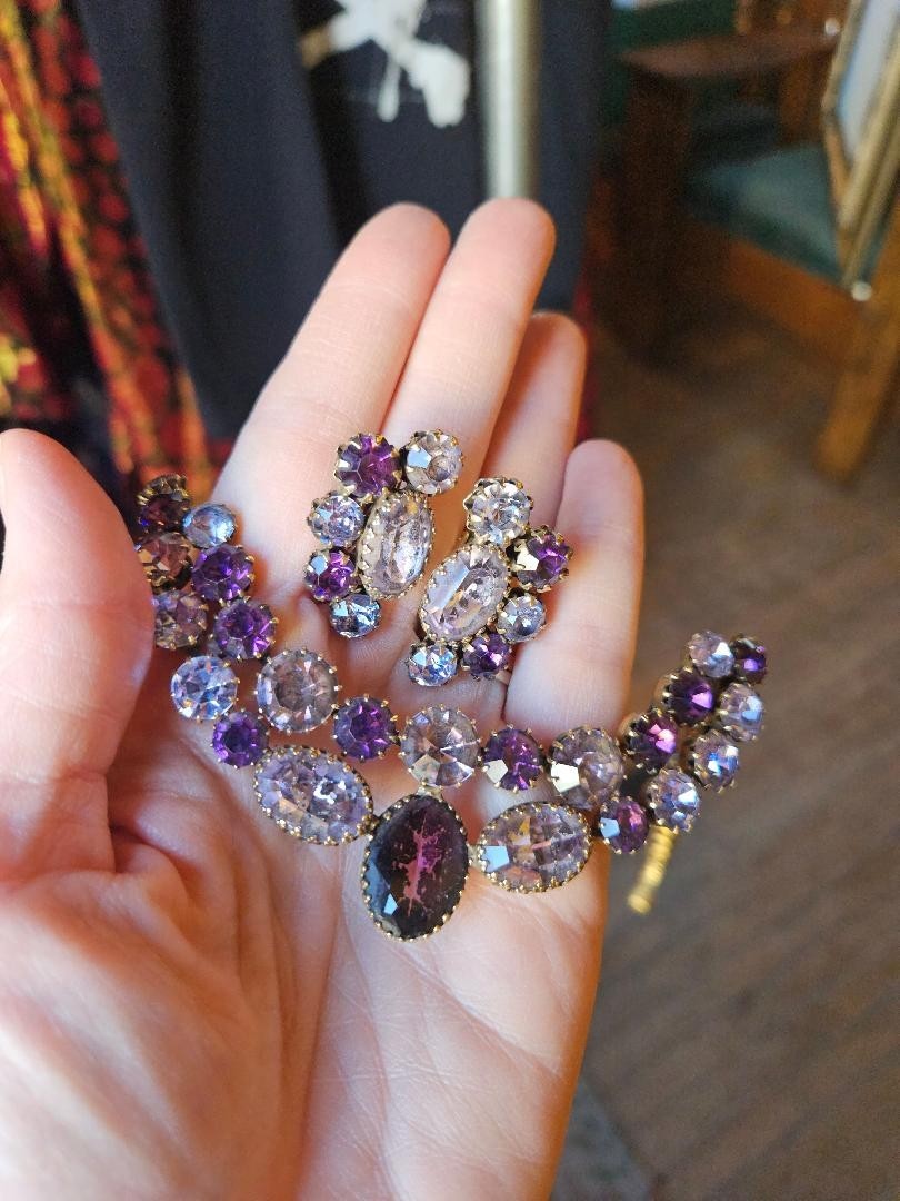 Lavender Purple and Blue Vendome Necklace and Earrings Set 1950s