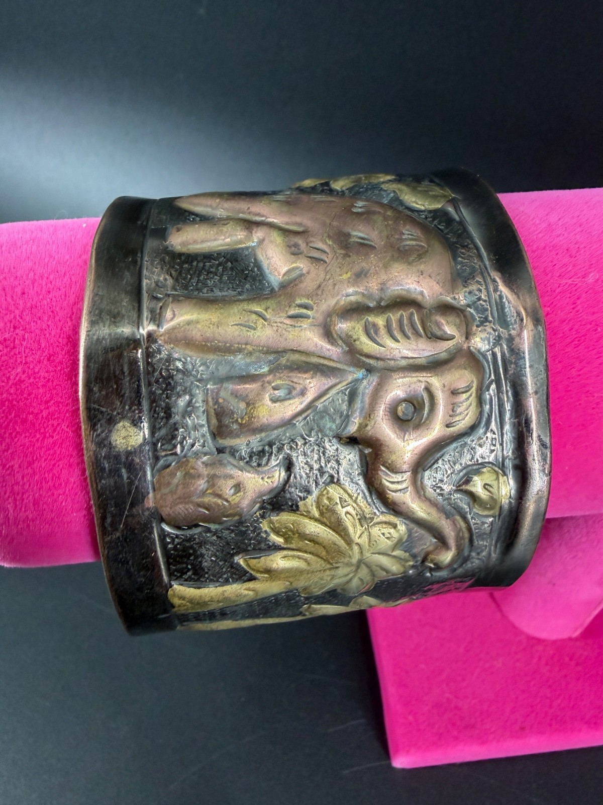 Boho Elephant Cuff Bracelet Wide Brass Copper Tone India Tribal Safari Festival