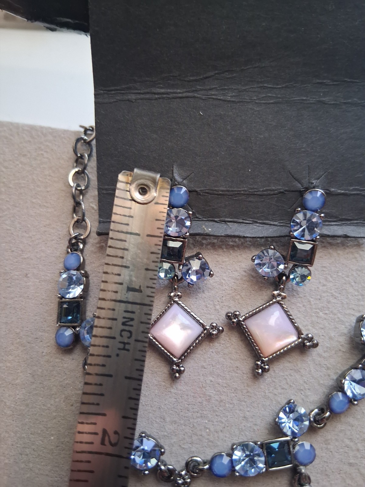 90’s pink moonglow & blue crystal festoon style necklace & dangle drop earrings
