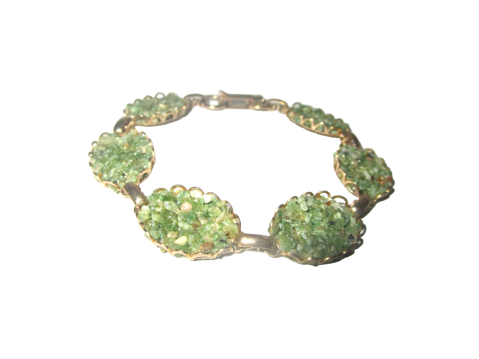 Vintage Gold Tone Link Bracelet w/Green Stones Size Small