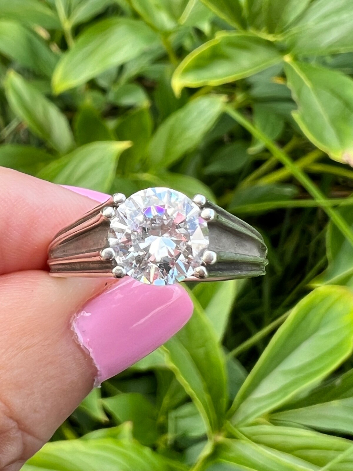 VINTAGE ROUND CZ TENSION SETTING RING 925 SS HEART DETAIL ENGAGEMENT WEDDING